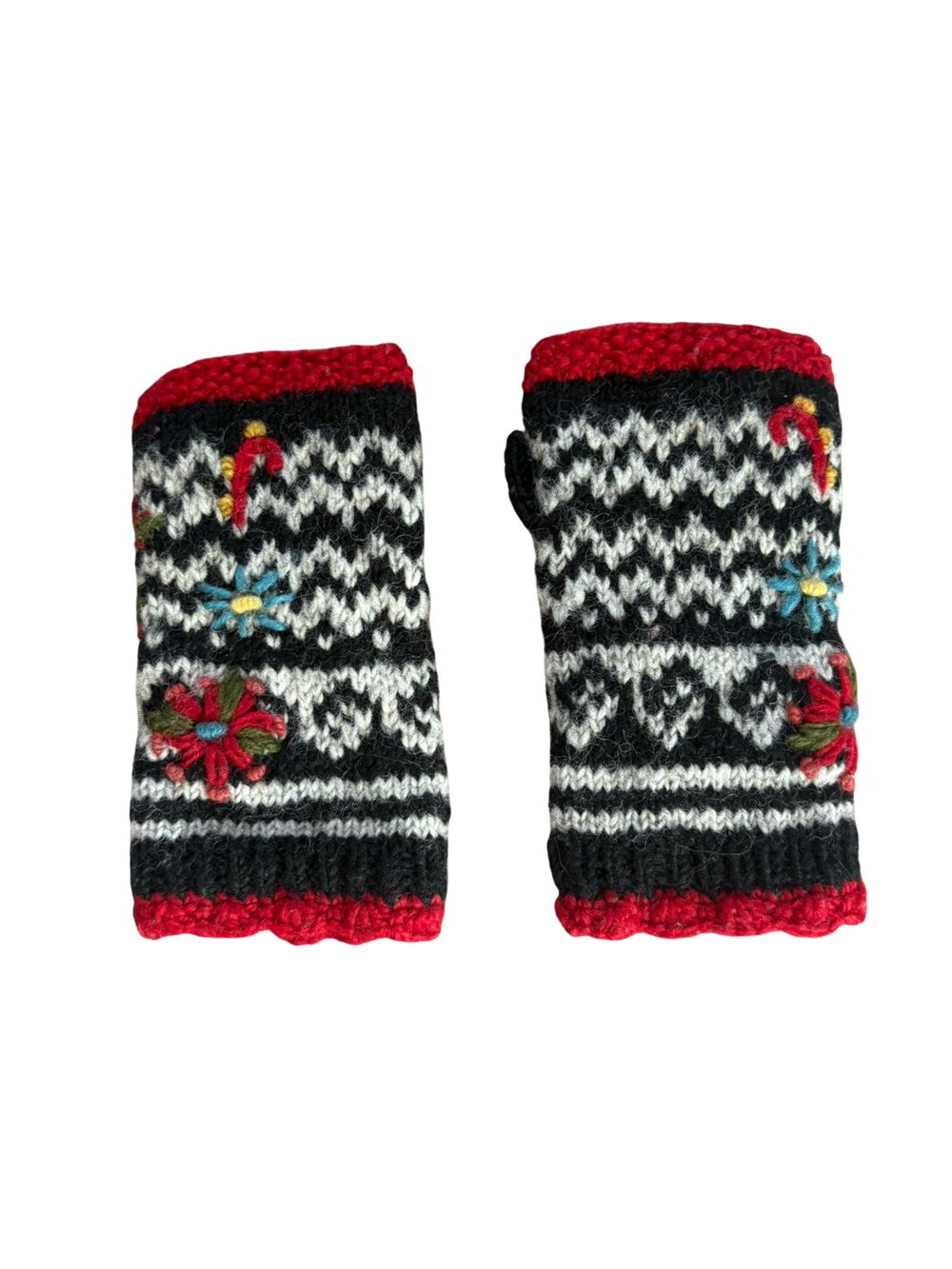 Lost Horizons Wool Fingerless Gloves Hand Crochet Flowers Black Red Nepal